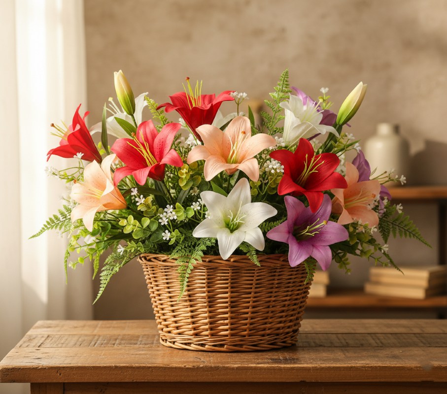 Kosz z główkami lilii