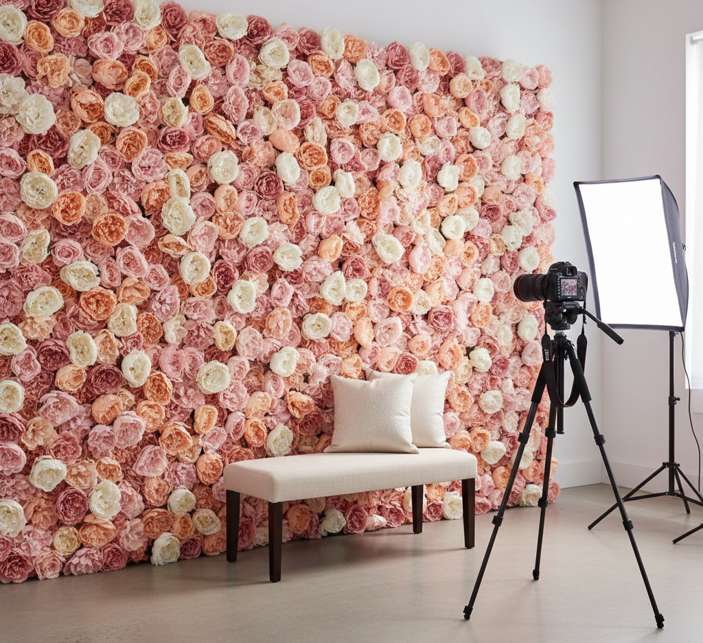 Strefa zdjęć z sztucznymi piwoniami